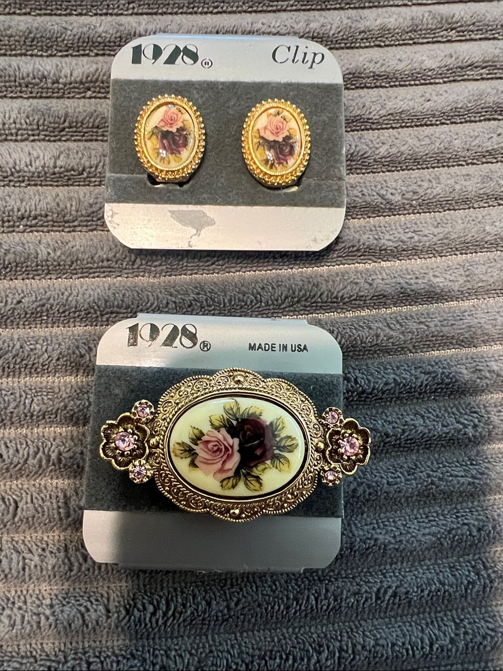 1928 Vintage  Pink and Gold Floral Porcelain Brooch and Clip Earrings Set